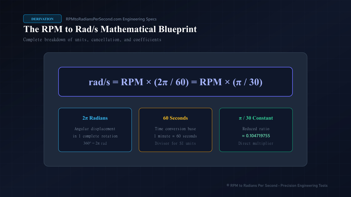 Diagram showing the math breakdown of the rpm to radians per second formula