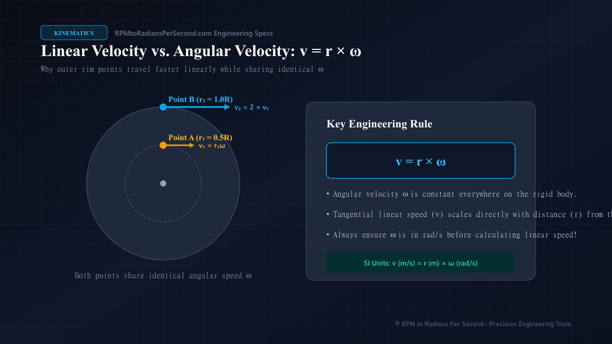 Diagram illustrating the difference between angular velocity (ω) and linear velocity (v = rω) on a rotating disc